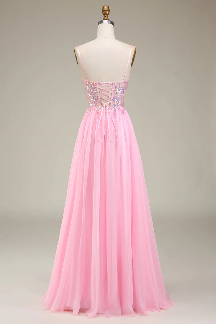 Robe Weitese rose style corset à bretelles spaghetti, robe de soirée trapèze, robe longue sans manches avec robe de bal plissée